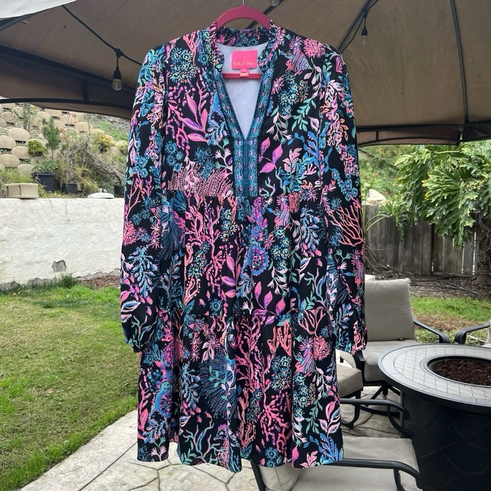 Lilly Pulitzer Arella Dress Onyx Twilight Coral Tiered Swing Mini M Boho Preppy - Picture 8 of 10